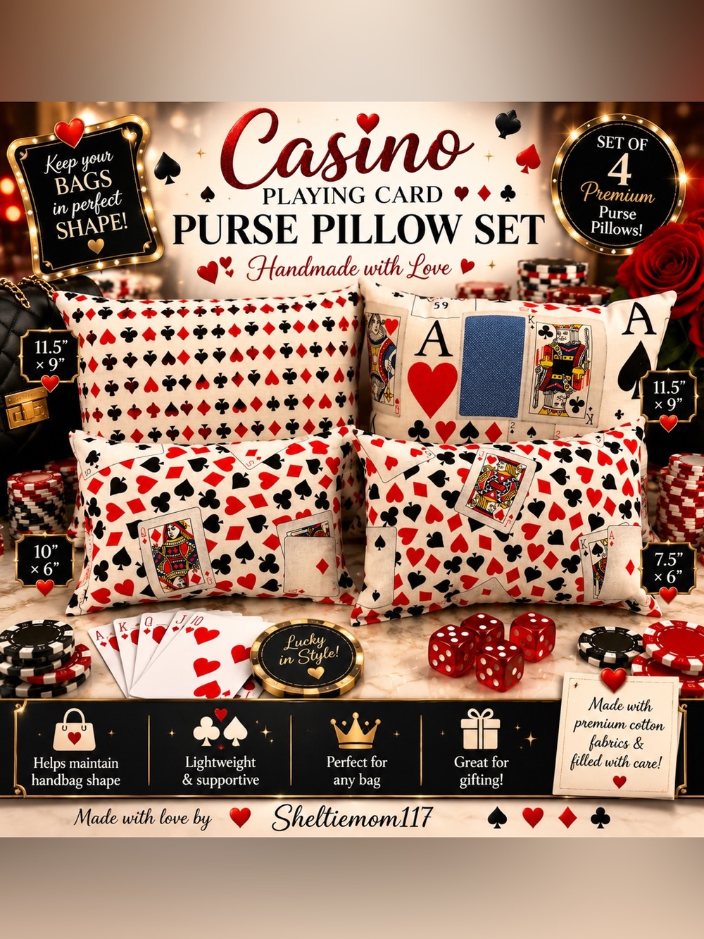 🎰 Handmade Casino Playing Card Purse Pillow Set of 4 | Handbag Shaper Inserts